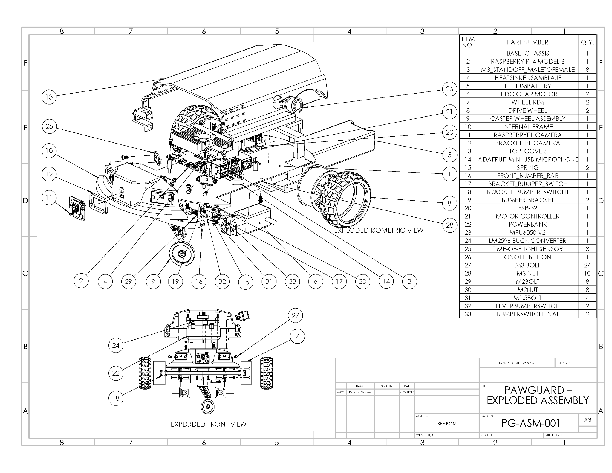 PawGuard A3 exploded assembly drawing with balloons and bill of materials