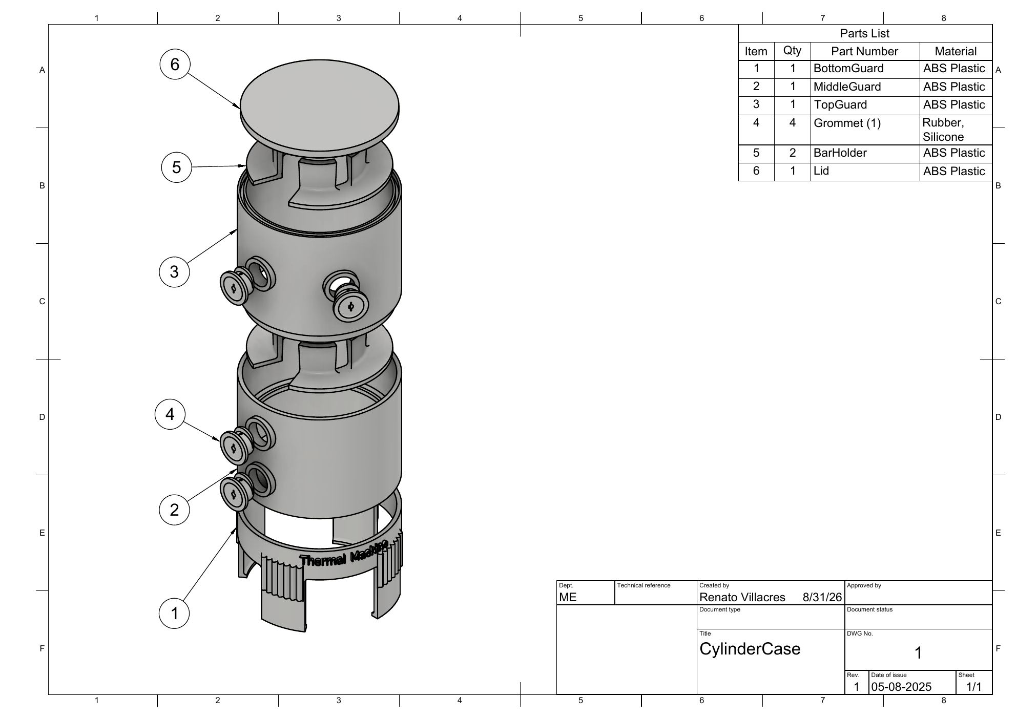 Cylinder guard exploded assembly drawing with six part callouts and bill of materials